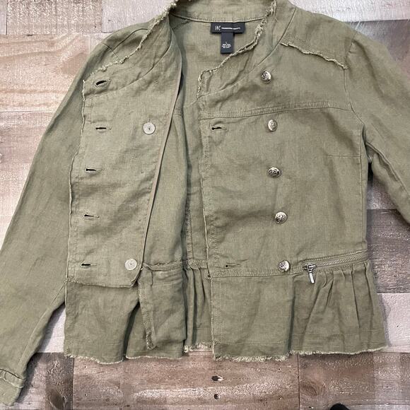 International Concepts INC Military Style Jacket 100% Linen Button Up Green Sz L - Picture 12 of 15